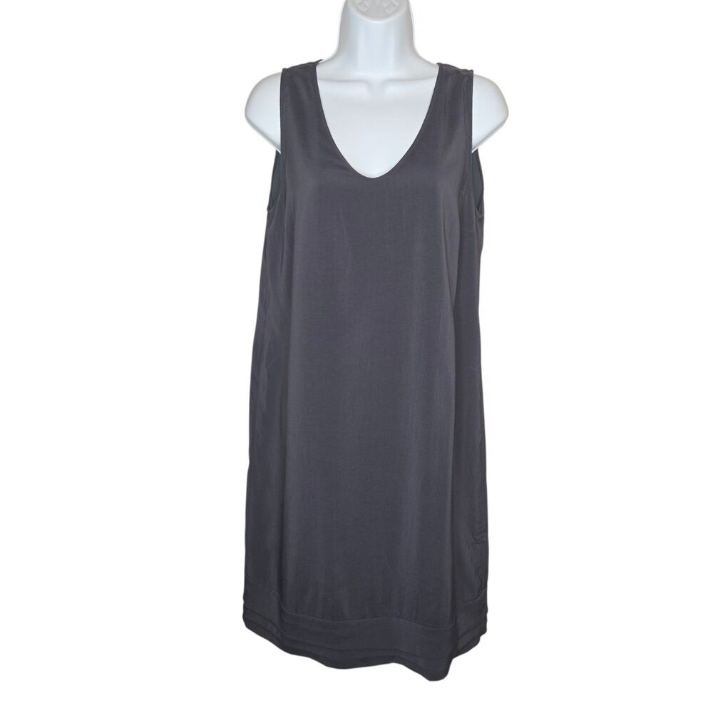 BRUNELLO CUCINELLI Charcoal Gray Stretch Silk V-Neck Tiered Hem Dress Size XL